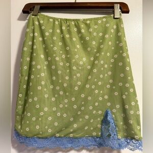 Vintage Floral Green Skirt with Blue Lace Trim